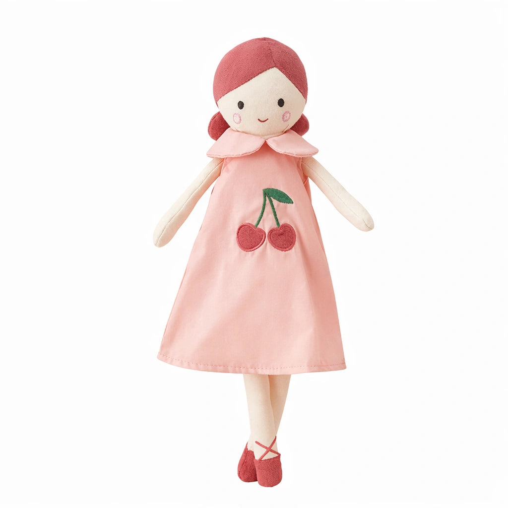 poupée tissu bébé robe rose cerises jouet doux montessori poupée chiffon enfant décoration