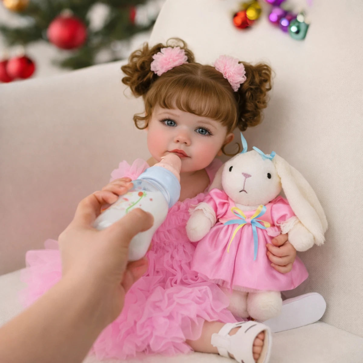 Poupée reborn 22 pouces avec biberon et lapin en robe rose scène réaliste jeu d’imitation