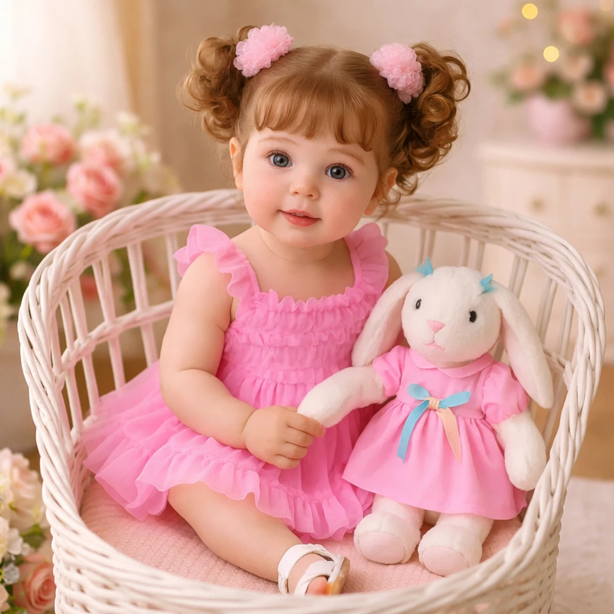 Poupée reborn 22 pouces robe rose sur chaise en rotin avec lapin en peluche ambiance douce