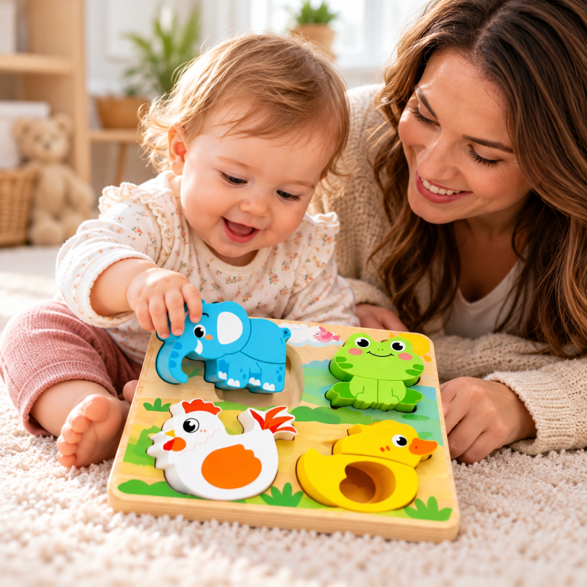 Bébé souriant manipulant un puzzle en bois avec des animaux colorés sous le regard de sa maman.