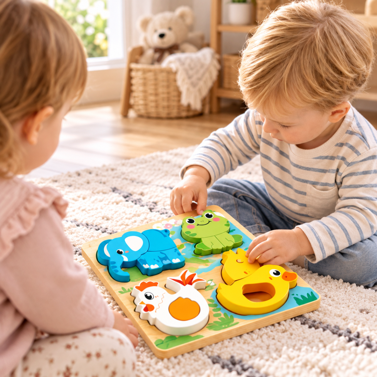 Petit garçon jouant avec un puzzle en bois représentant un éléphant, une grenouille, une poule et un canard, accompagné d'un autre enfant.
