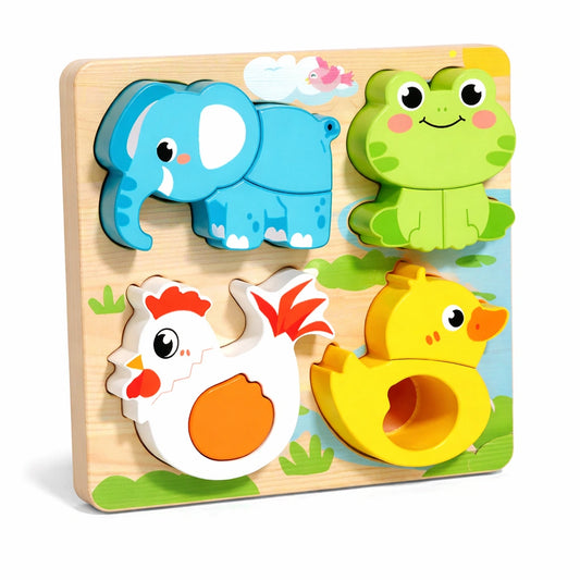 Puzzle en bois animaux pour bébé avec éléphant, grenouille, poule et canard colorés – jouet éducatif type Montessori