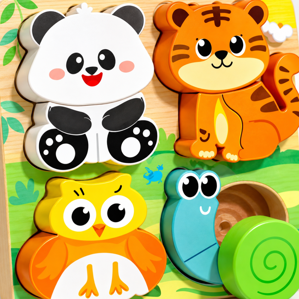 Puzzle en bois coloré représentant un panda, un tigre, un hibou et un escargot avec des pièces à encastrer.