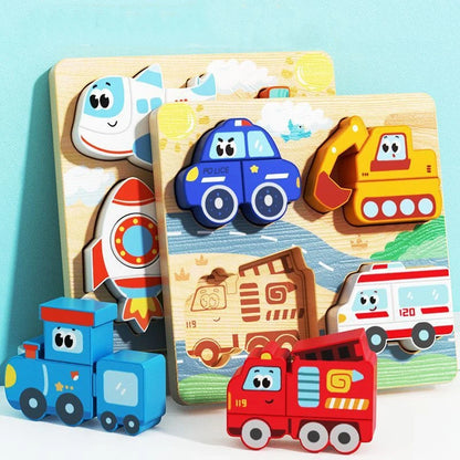 Puzzle en bois bébé véhicules colorés jouet éducatif motricité fine Montessori