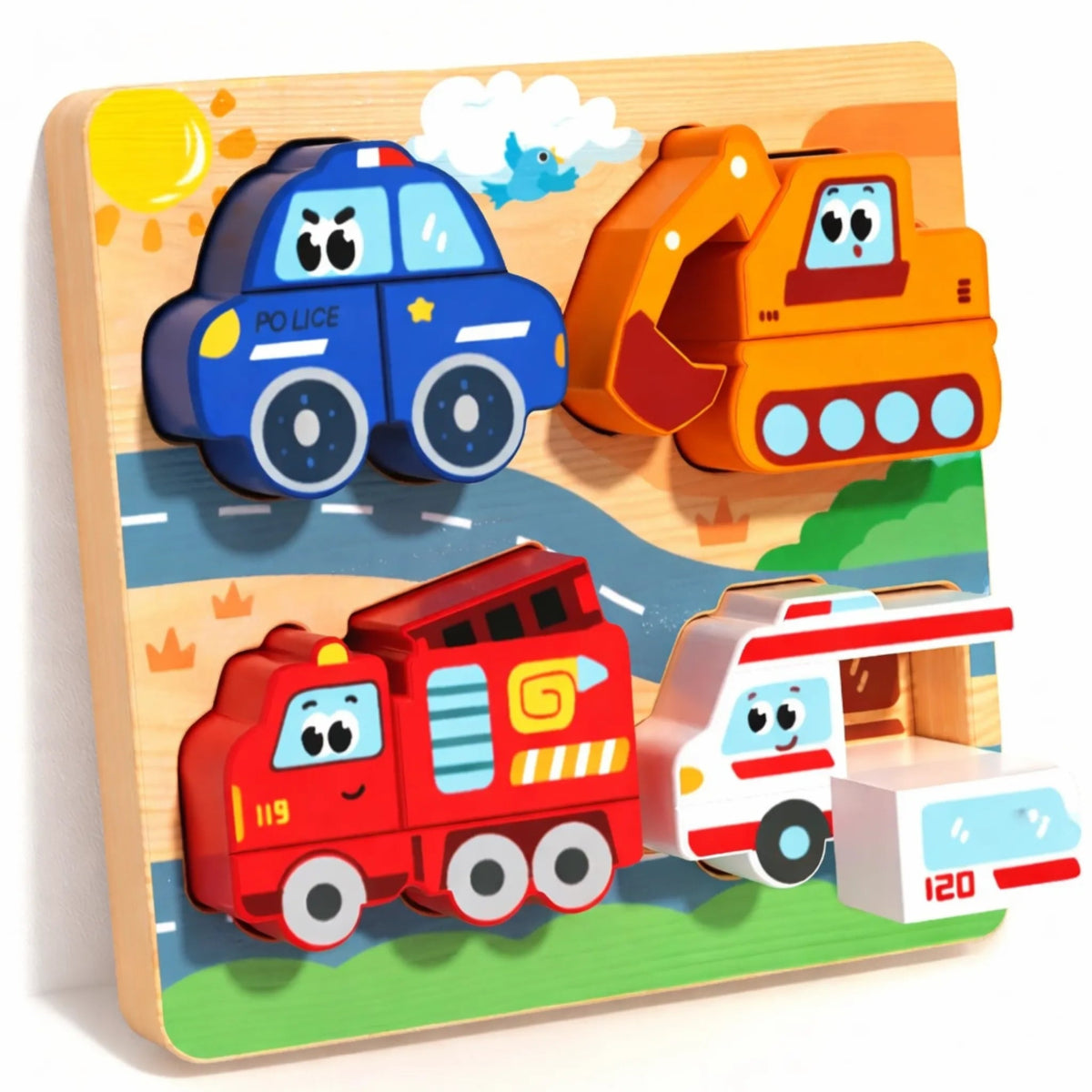 puzzle en bois bébé véhicules secours police pompier ambulance excavatrice jouet éducatif enfant