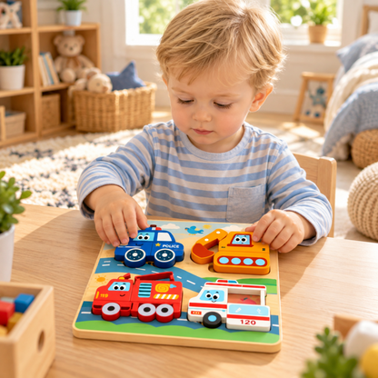 Petit garçon concentré jouant à table avec un puzzle en bois de véhicules comprenant une voiture de police, une pelleteuse, un camion de pompiers et une ambulance.
