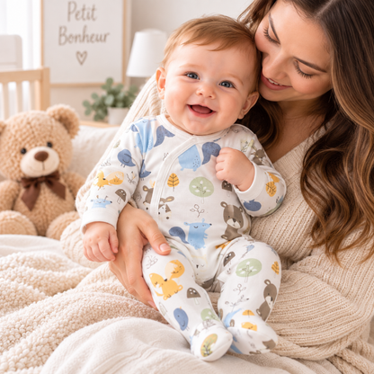Bébé souriant dans les bras de sa maman portant un pyjama en coton bio à motifs