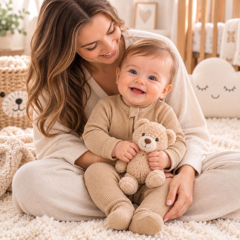 Maman avec son bébé portant un pyjama beige en coton bio