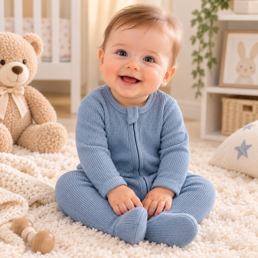 Bébé souriant portant un pyjama bleu en coton bio doux et confortable