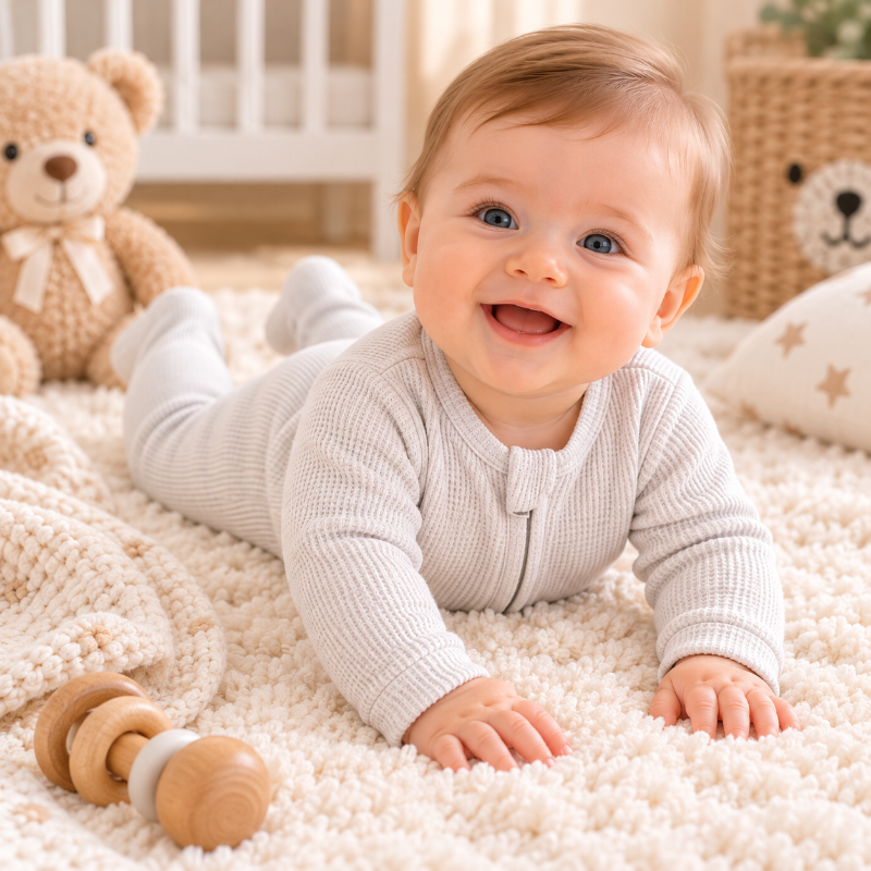Bébé souriant portant un pyjama écru en coton bio doux et confortable