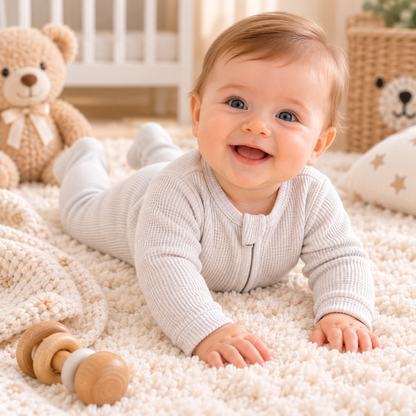 Bébé souriant portant un pyjama écru en coton bio doux et confortable