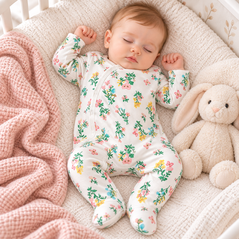 Bébé endormi confortablement dans son lit avec un pyjama en coton bio à motifs fleuris