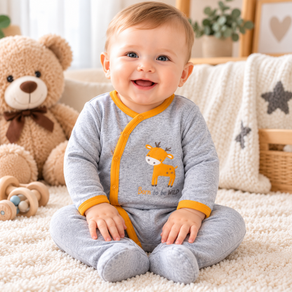 Bébé assis portant un pyjama gris en coton bio doux avec bordures orange