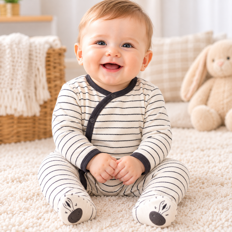 Bébé souriant assis portant un pyjama en coton bio rayé doux et confortable