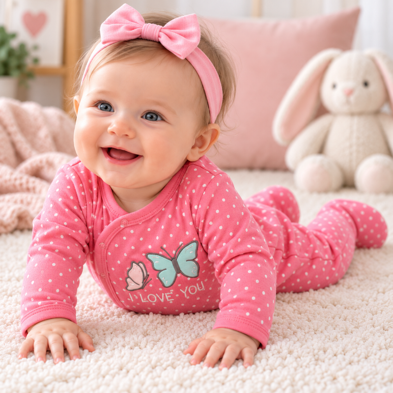 Bébé fille souriante portant un pyjama rose en coton bio doux à pois blancs