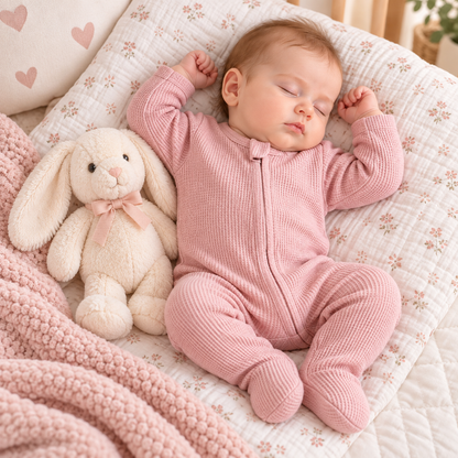 Bébé endormi portant un pyjama rose en coton bio dans une chambre douce