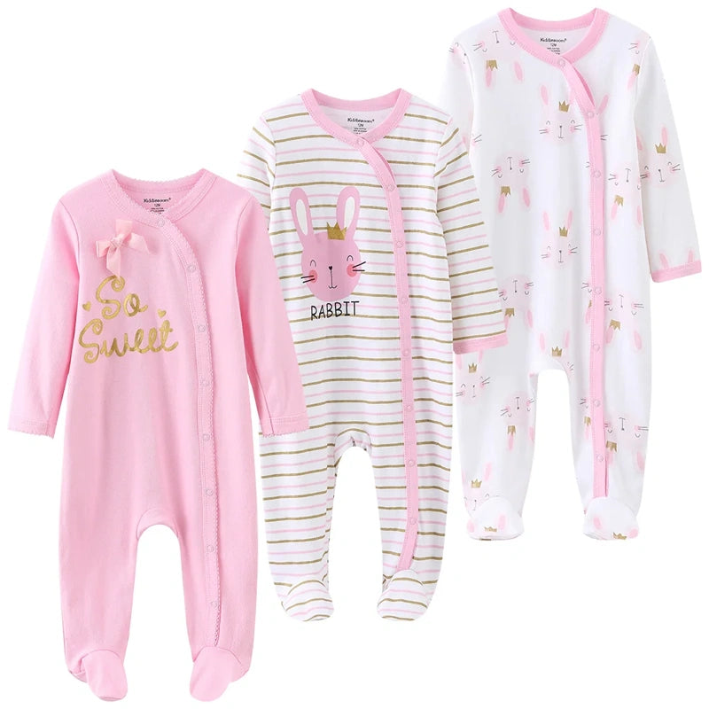 Lot de pyjamas bébé coton bio rose avec lapin et couronne, douceur et confort pour fille.