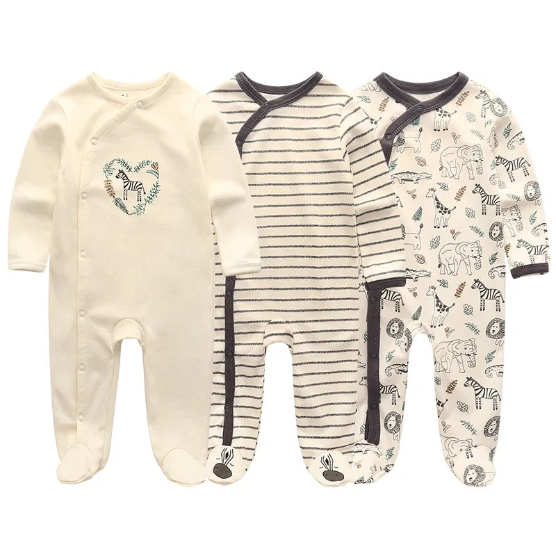 Lot de pyjamas bébé coton bio beige et safari, animaux de la savane doux et naturels.