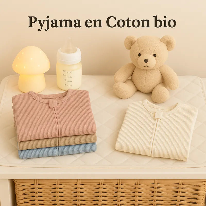 Pyjama bébé en coton bio plié sur table à langer avec peluche et biberon, ambiance douce et naturelle