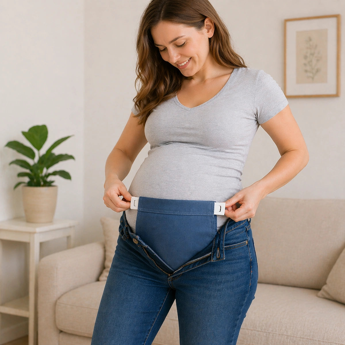 Femme enceinte utilise rallonge pantalon maternité sur jean pour plus de confort