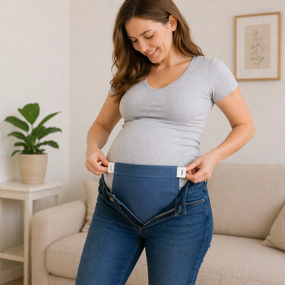 Femme enceinte utilise rallonge pantalon maternité sur jean pour plus de confort