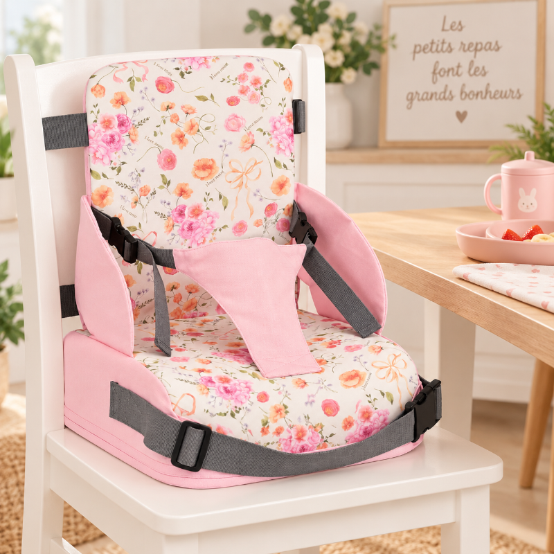 Rehausseur de chaise bébé portable rose à motifs fleuris installé sur une chaise