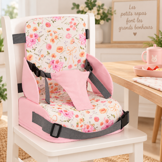 Rehausseur de chaise bébé portable rose à motifs fleuris installé sur une chaise