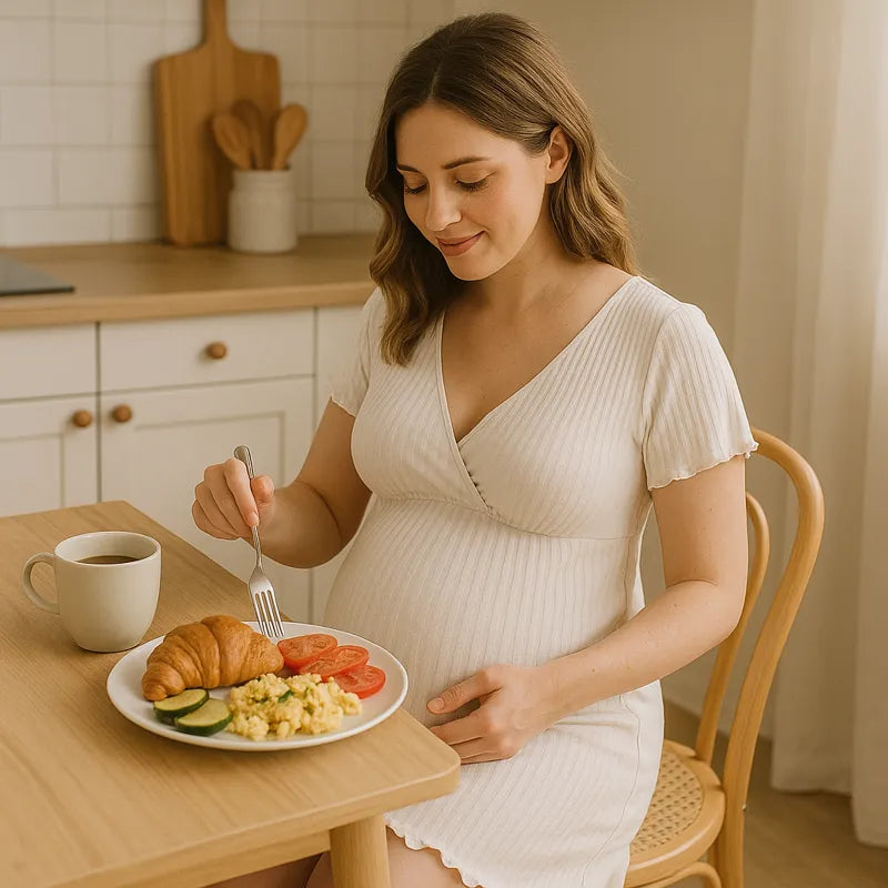 Femme enceinte robe maternité blanche décontractée au petit déjeuner