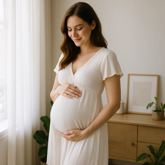 Femme enceinte en robe maternité blanche élégante posant à la maison
