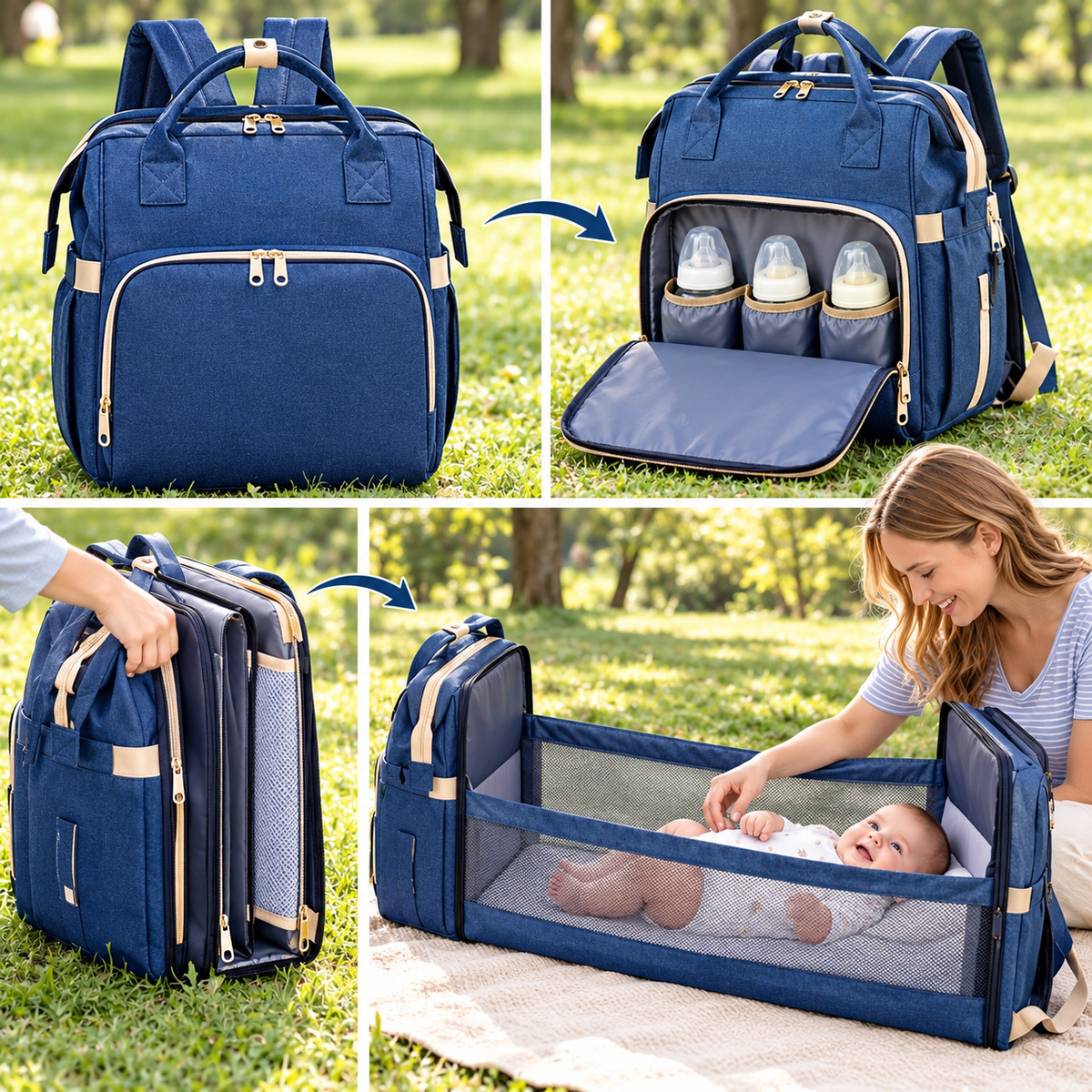 Sac à dos à langer bleu avec lit bébé intégré dépliable, utilisé en extérieur lors d’une sortie avec bébé