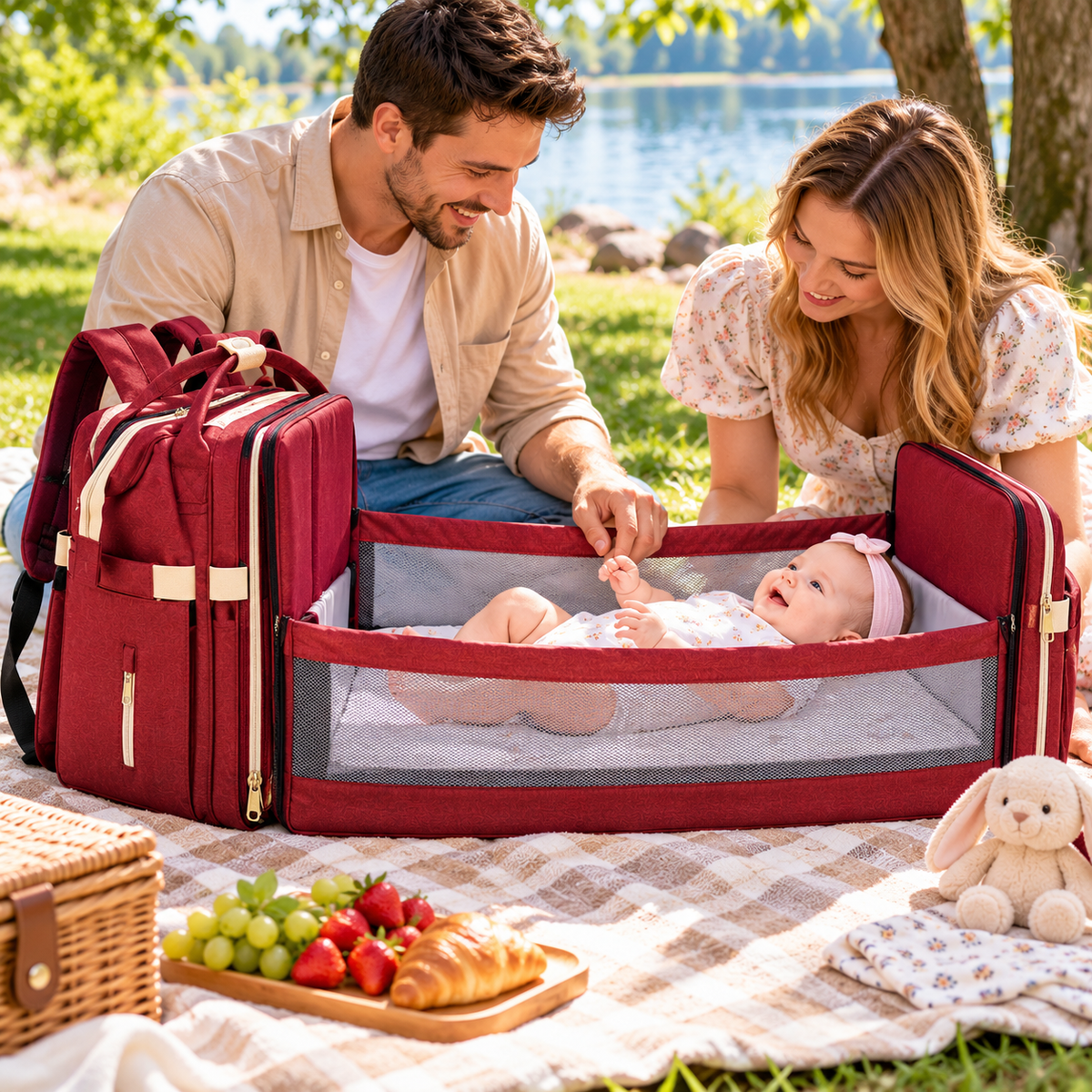 Parents en pique-nique avec bébé installé dans le lit intégré au sac à dos à langer rouge