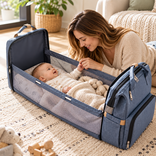 Sac à dos lit bébé portable avec bébé installé confortablement et maman à ses côtés.