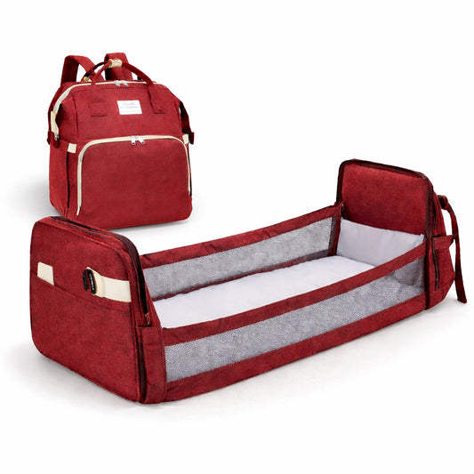 Sac à dos pour couches bébé transformable en lit portable rouge avec matelas intégré et rangement multifonction