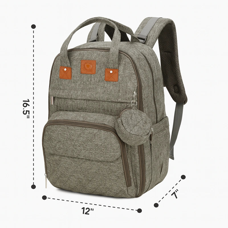 sac à langer gris avec dimensions affichées sur fond blanc