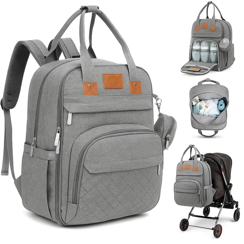 Sac à langer gris multifonction avec biberons et landau