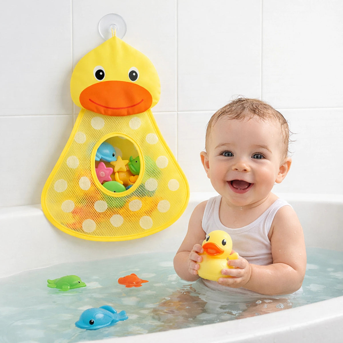 Sac jouets bain bébé canard avec bébé souriant et jouets flottants