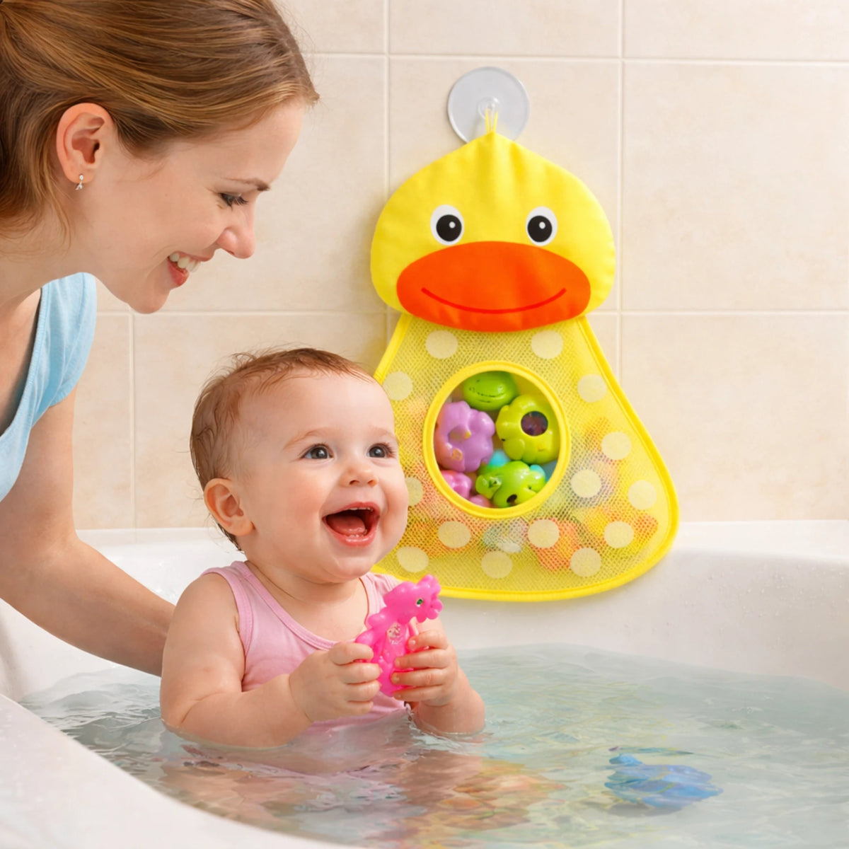 Sac rangement jouets bain bébé canard avec maman et bébé dans le bain