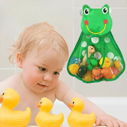 Sac jouets bain bébé grenouille avec bébé dans la baignoire et jouets jaunes