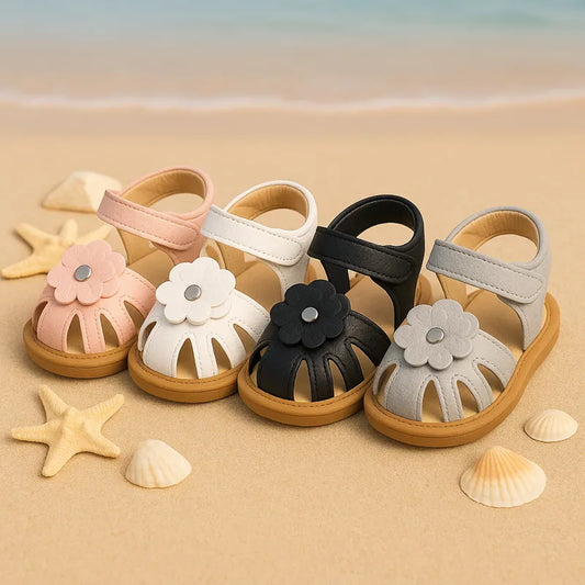 Sandales bébé fleur disponibles en rose blanc noir et gris