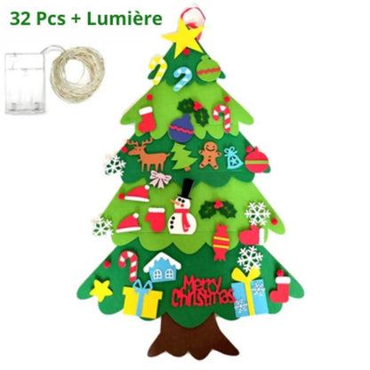 Sapin mural en feutrine vert avec 32 décorations et guirlande lumineuse
