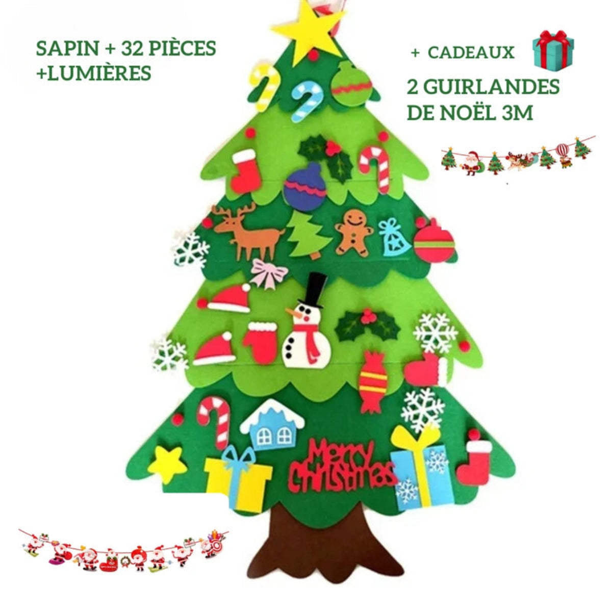 Sapin de Noël en feutrine avec décorations amovibles et guirlandes lumineuses
