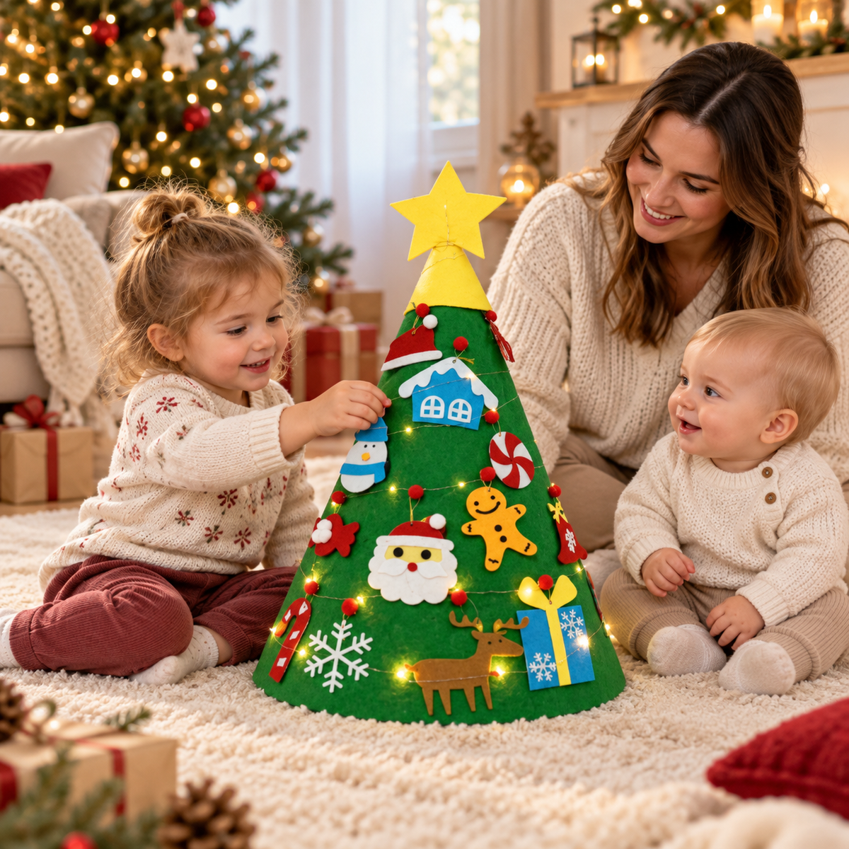 Petite fille décorant un sapin de Noël lumineux en feutre 3D, avec un bébé et leur maman.