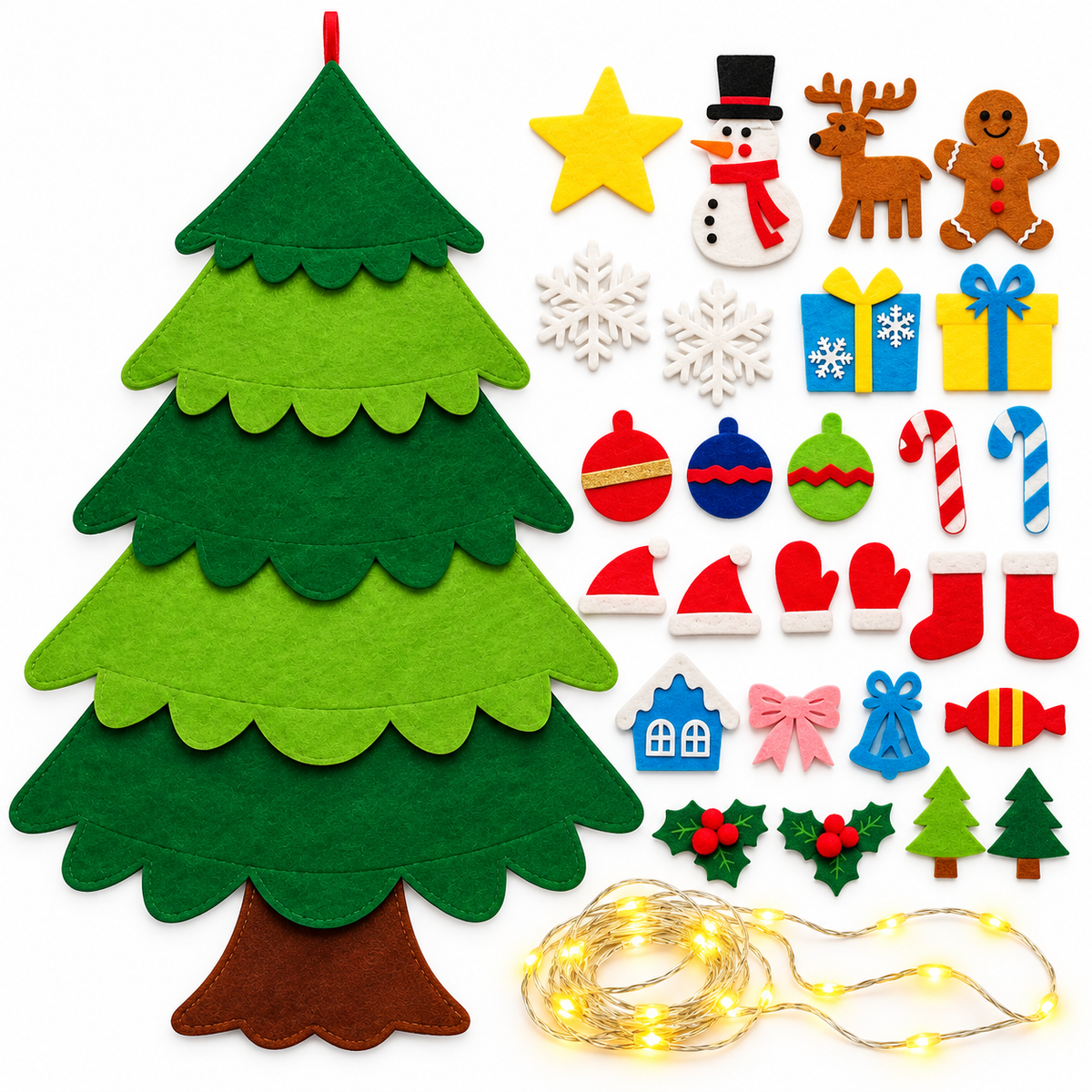 Sapin de Noël en feutre avec décorations colorées à fixer et guirlande lumineuse disposées à côté sur fond blanc.