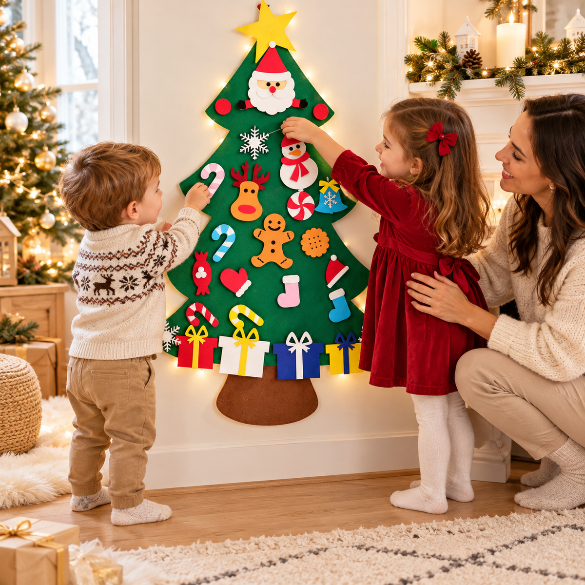 Deux jeunes enfants décorent un sapin de Noël mural en feutre vert avec leur maman.