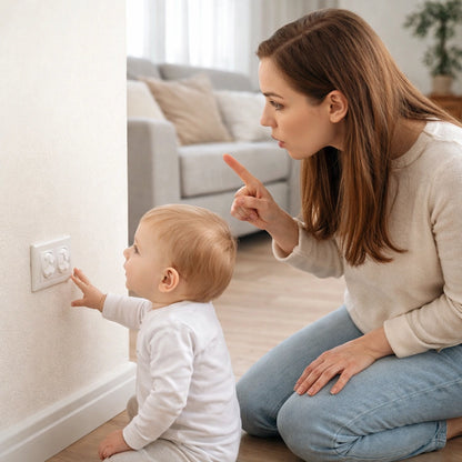 Maman expliquant à son bébé de ne pas toucher une prise électrique sécurisée