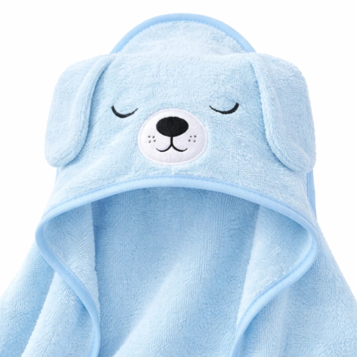 serviette bébé capuche chien bleu en polaire douce texture absorbante