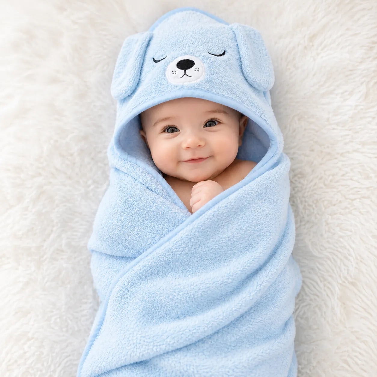 Bébé emmailloté dans une serviette de bain bleue à capuche avec motif animal, doux et confortable