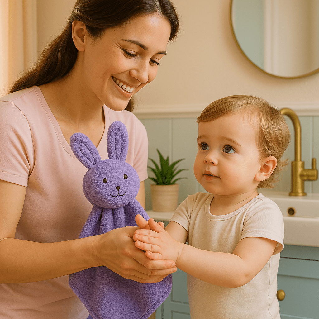Serviette de main bébé - Cigogne et bébé