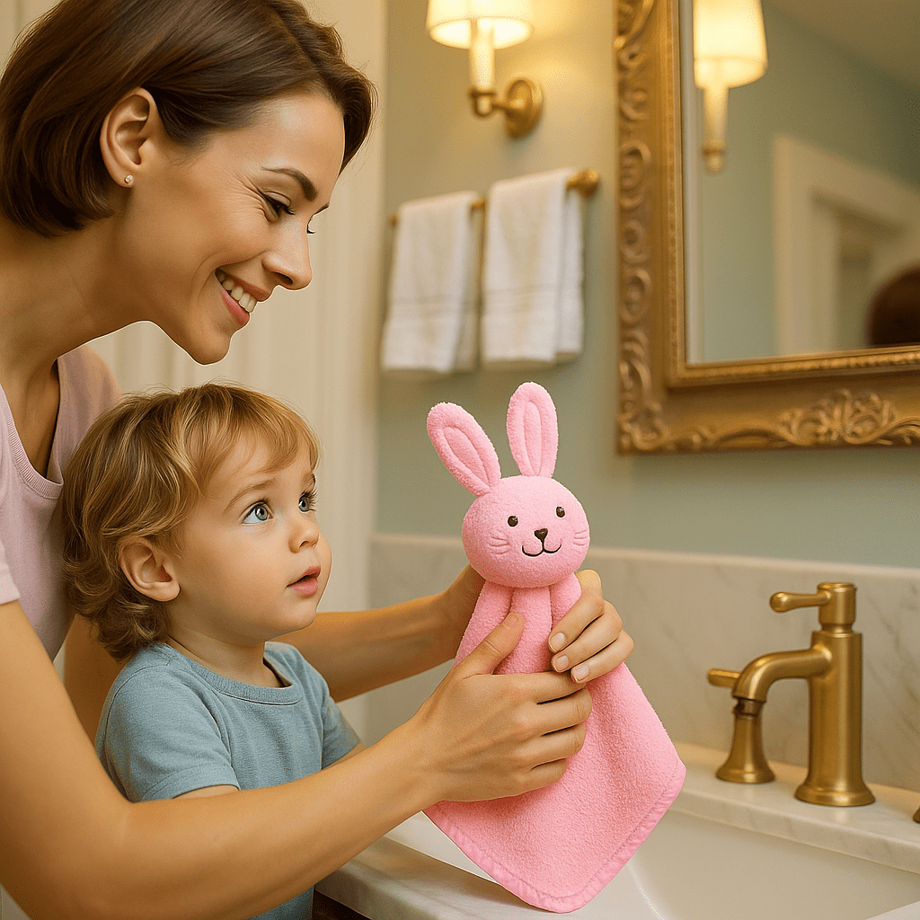 Serviette de main bébé - Cigogne et bébé