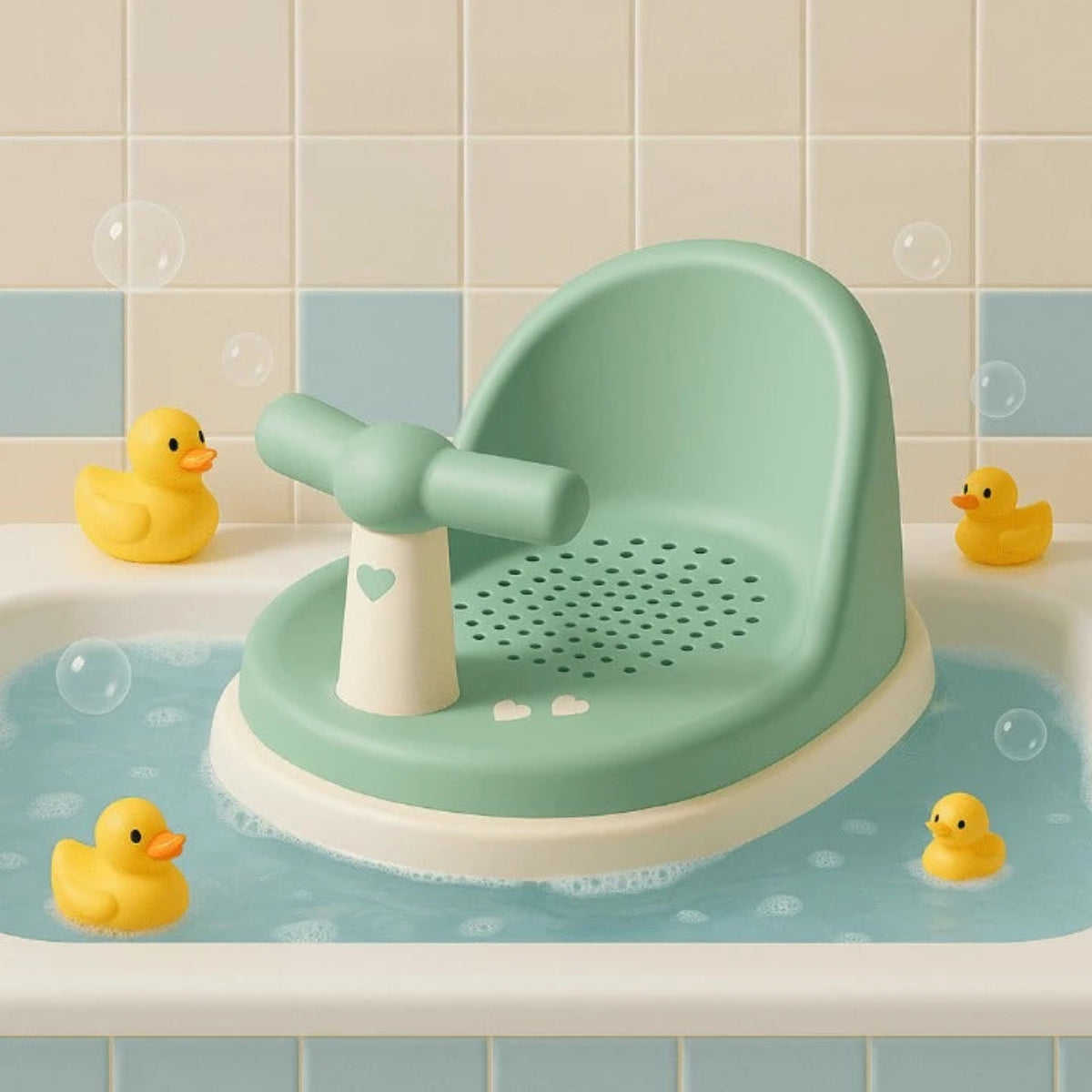 siège de bain bébé antidérapant vert avec design ergonomique dans une baignoire avec jouets